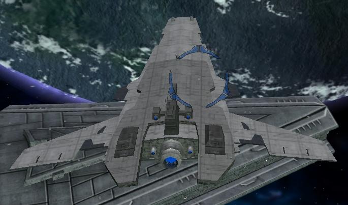 A Victory II-class frigate over Yavin IV.