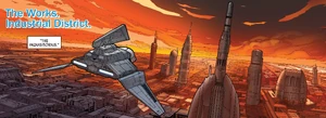 Sidious and Vader travel to the abandoned tower on Coruscant in a Theta-class