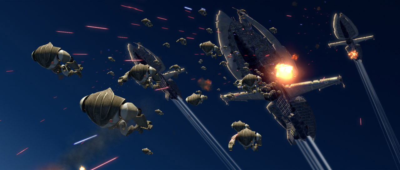 The Separatist fleet deploys hundreds of rocket droids to board the crippled Liberty.