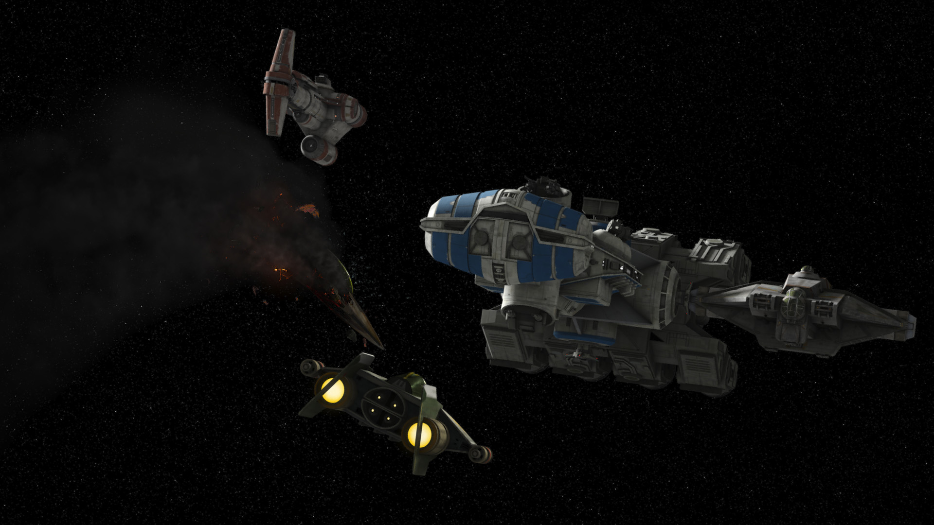 The Liberator intercepting Hera's damaged starfighter following a dogfight above Concord Dawn