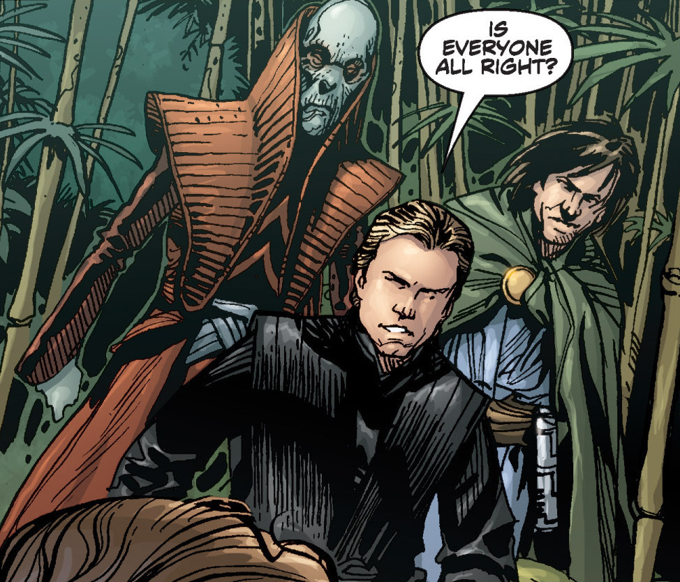 Masters Le'Ung, Skywalker and Durron on Yavin IV during the Yuuzhan Vong War.