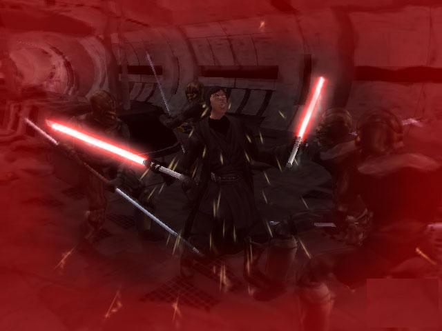 A corrupted Jedi using Force rage to win a battle.