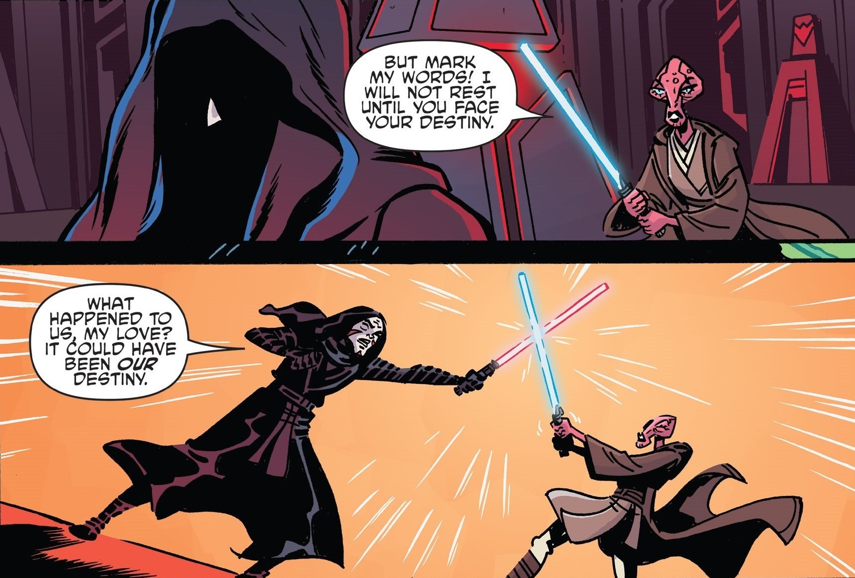 Darth Krist-Ov is confronted by his Jedi lover, as portrayed in a play by Risha Synata.