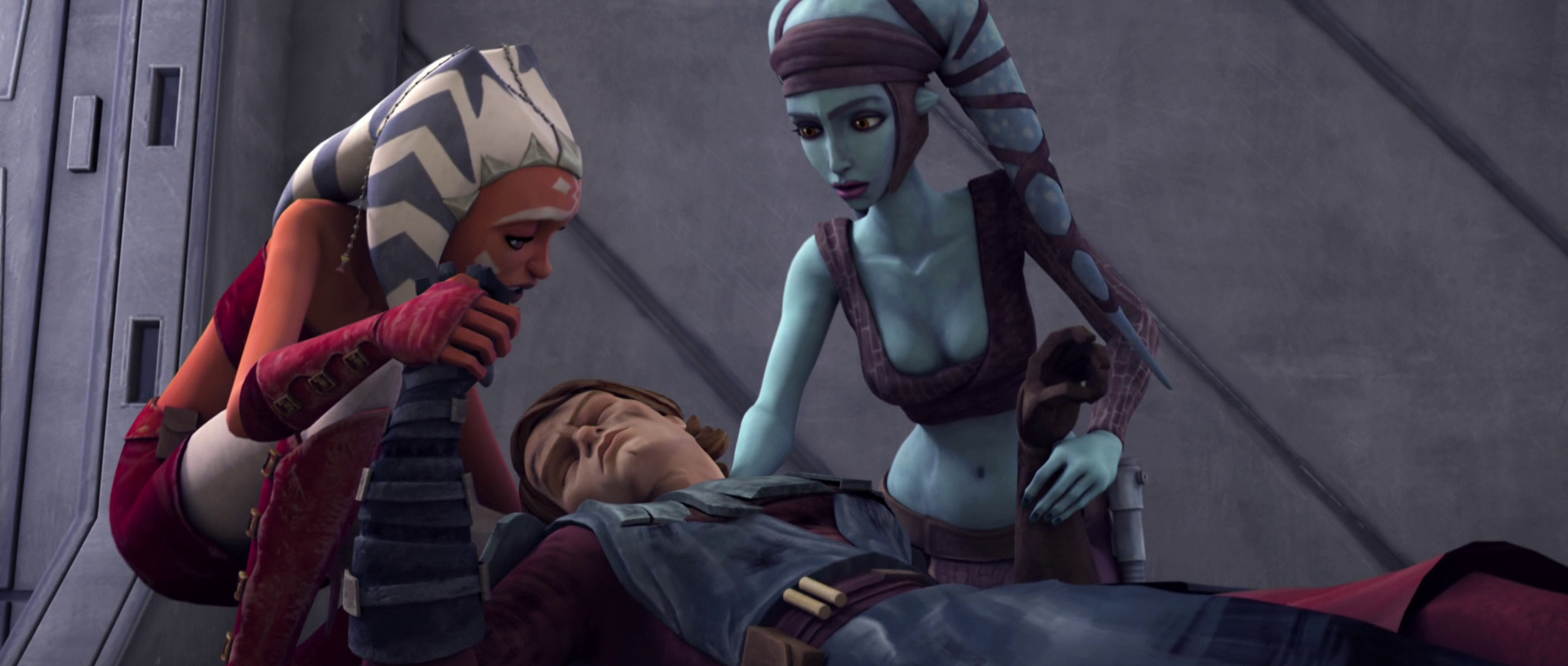 A gravely injured Skywalker, tended by Tano and Aayla Secura