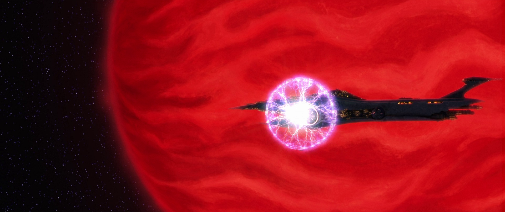 The Malevolence fires one of its ion cannons