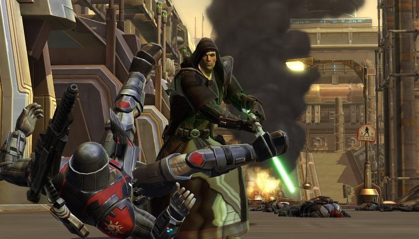 A Jedi attacks Imperial forces.