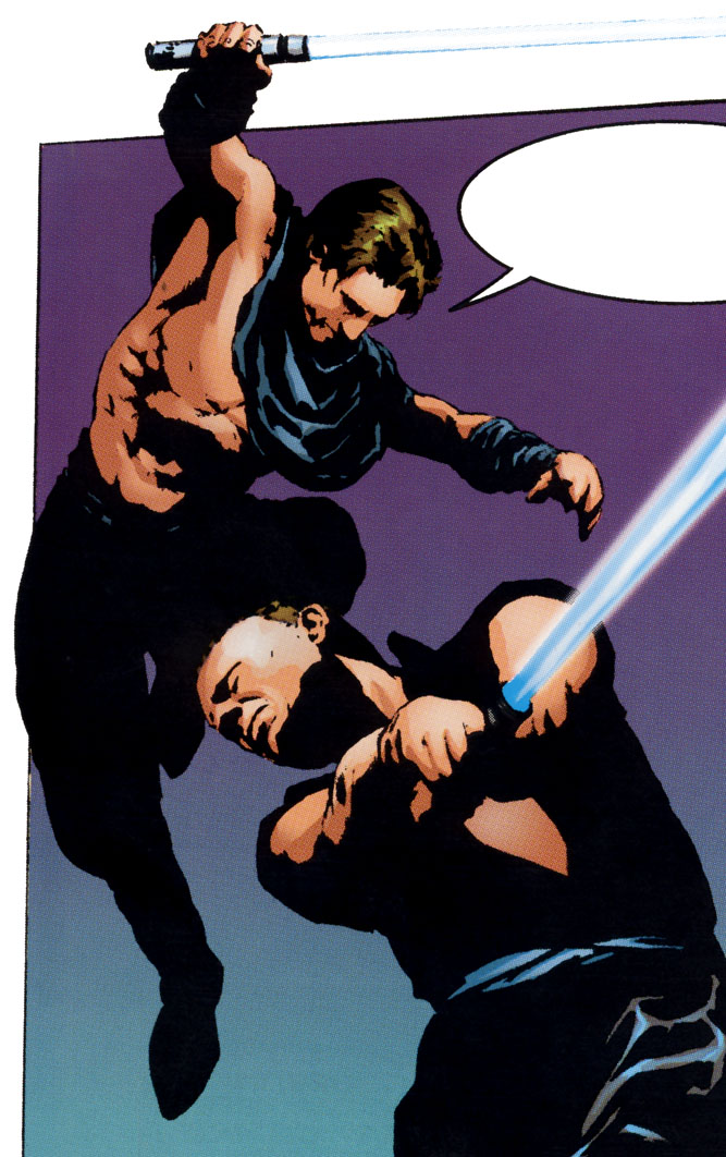 Horn and Kam Solusar practice dueling while discussing the Skywalker wedding.