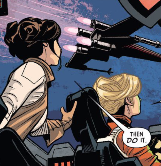 Leia and Evaan, aboard the T-1, escaping Yavin.