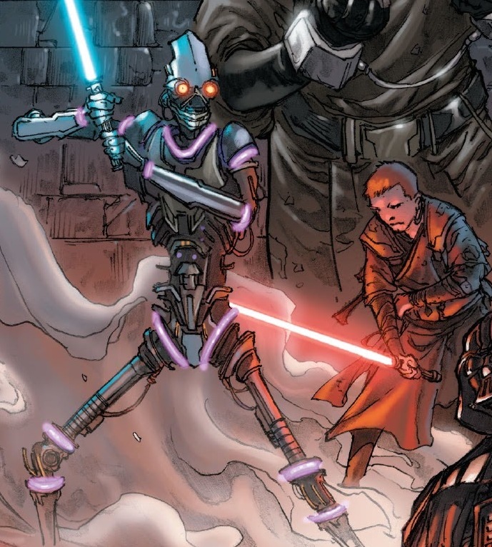 PROXY engaging the young Starkiller in combat.