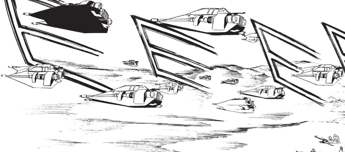 The twelve airspeeders of Rogue Group, including pilot Lenso, attack during the Battle of Hoth.