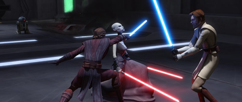 Ventress duels Kenobi and Skywalker.