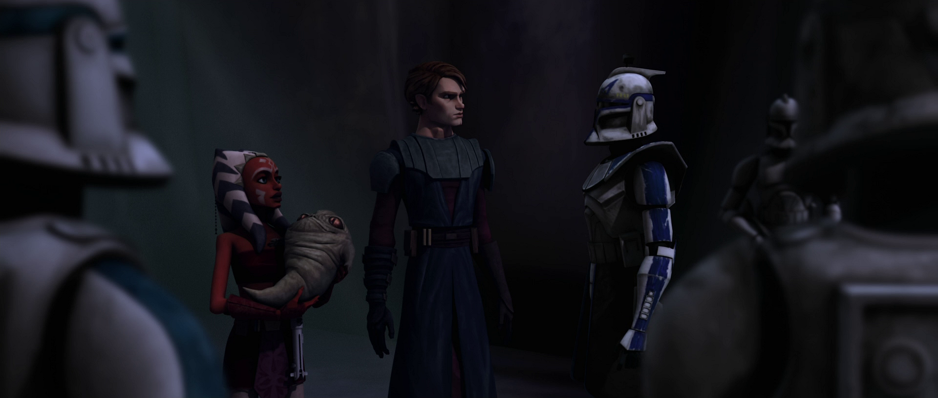 The clone sergeant stands by Captain Rex, Ahsoka Tano, and Anakin Skywalker.