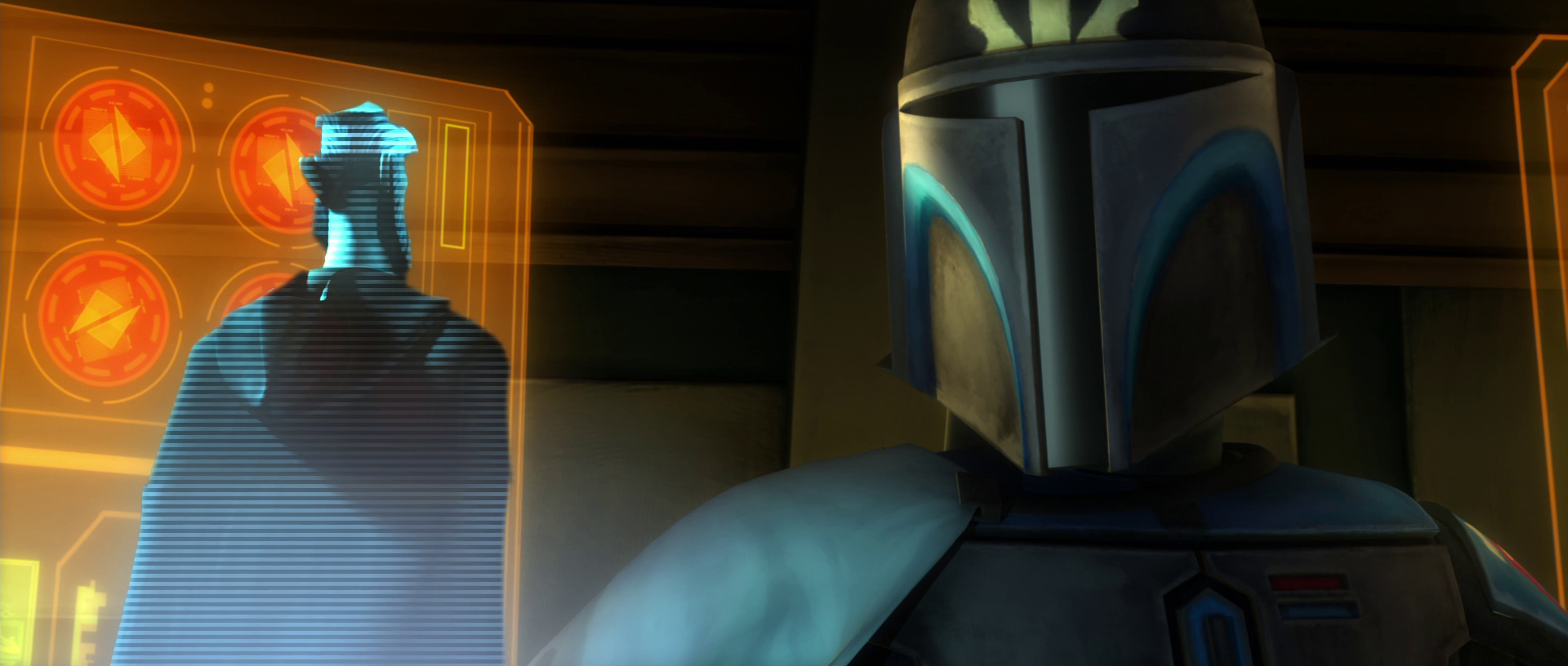 Vizsla conspires with Count Dooku via hologram in a Concordian military camp.