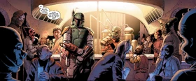Boba addresses the patrons of Chalmun's Cantina.