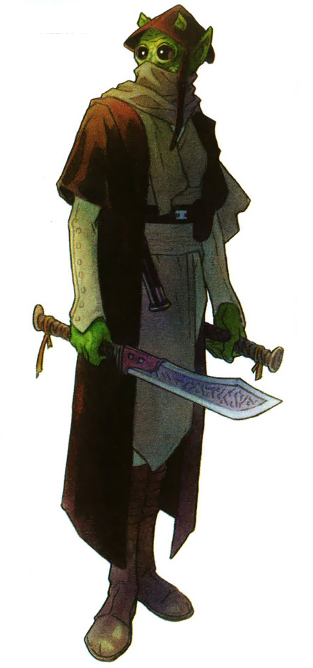 A Rodian Weapons Specialist, wielding twin swords.