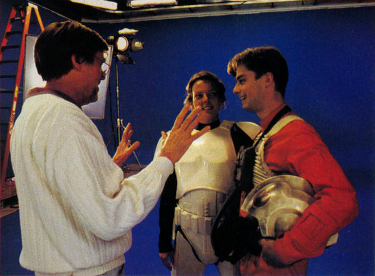 Jamison Jones (right) and Julie Eccles talk with director Hal Barwood on the set of Star Wars: Rebel Assault II: The Hidden Empire.