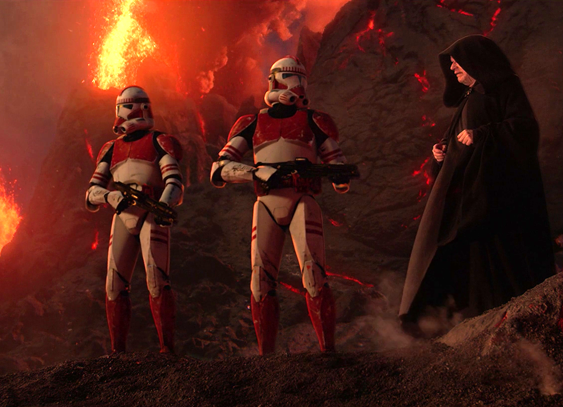 Shock troopers escorting Darth Sidious on Mustafar