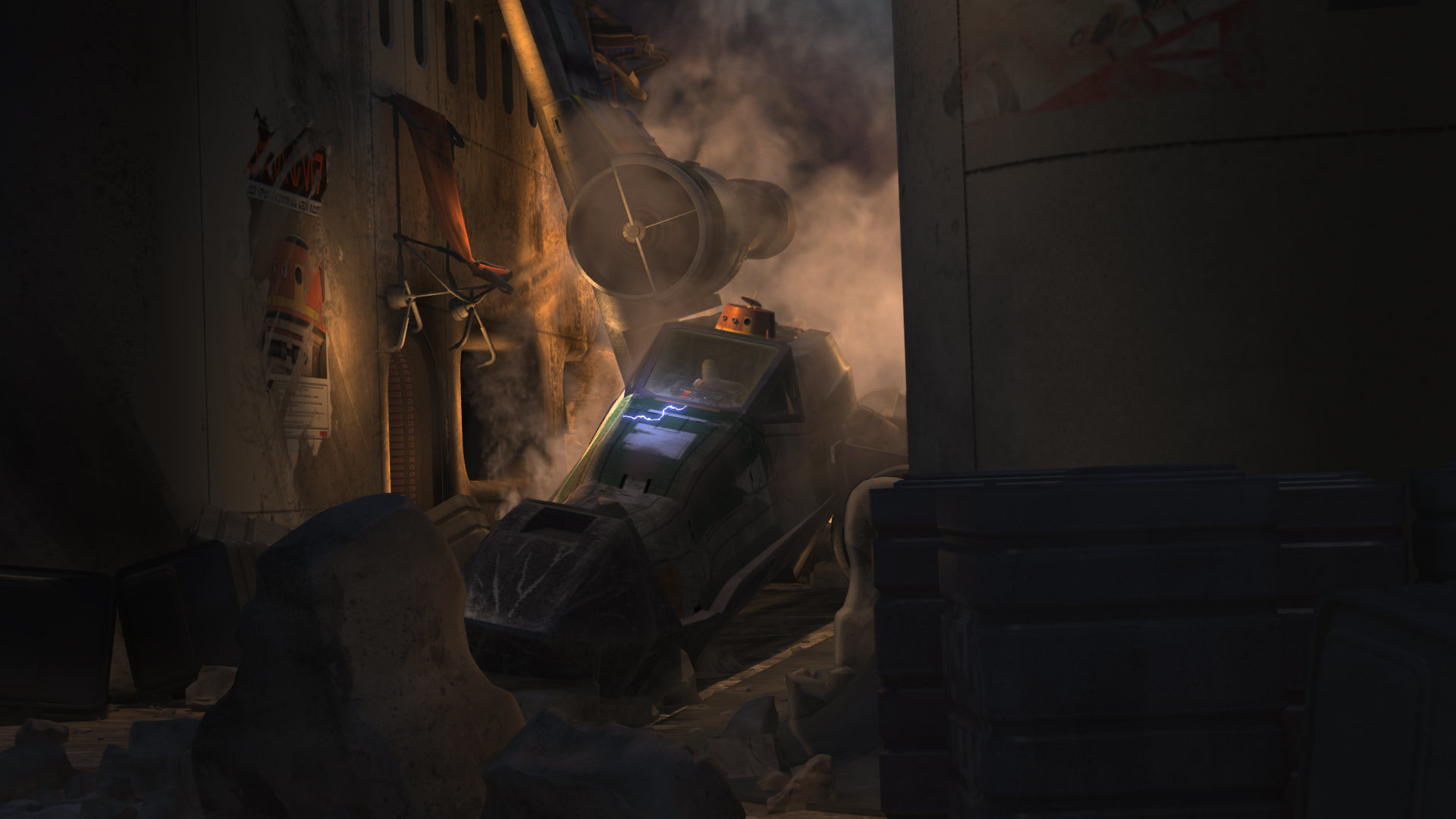 General Hera Syndulla's X-wing is left crashed in Lothal's capital after the doomed rebel attack.