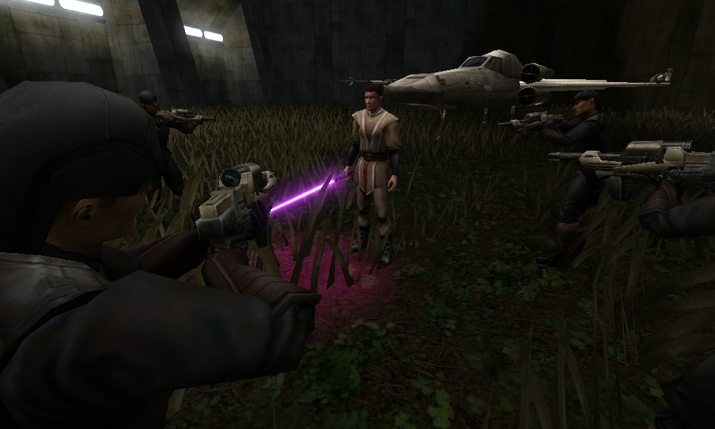 Korr with his first lightsaber, prepared to fight multiple opponents at once