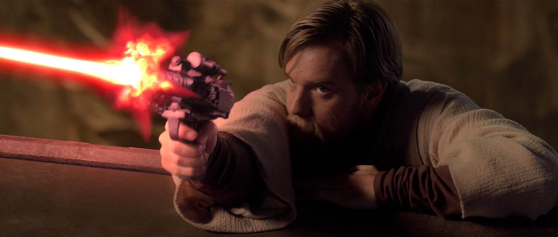 Kenobi shoots Grievous with his own blaster.