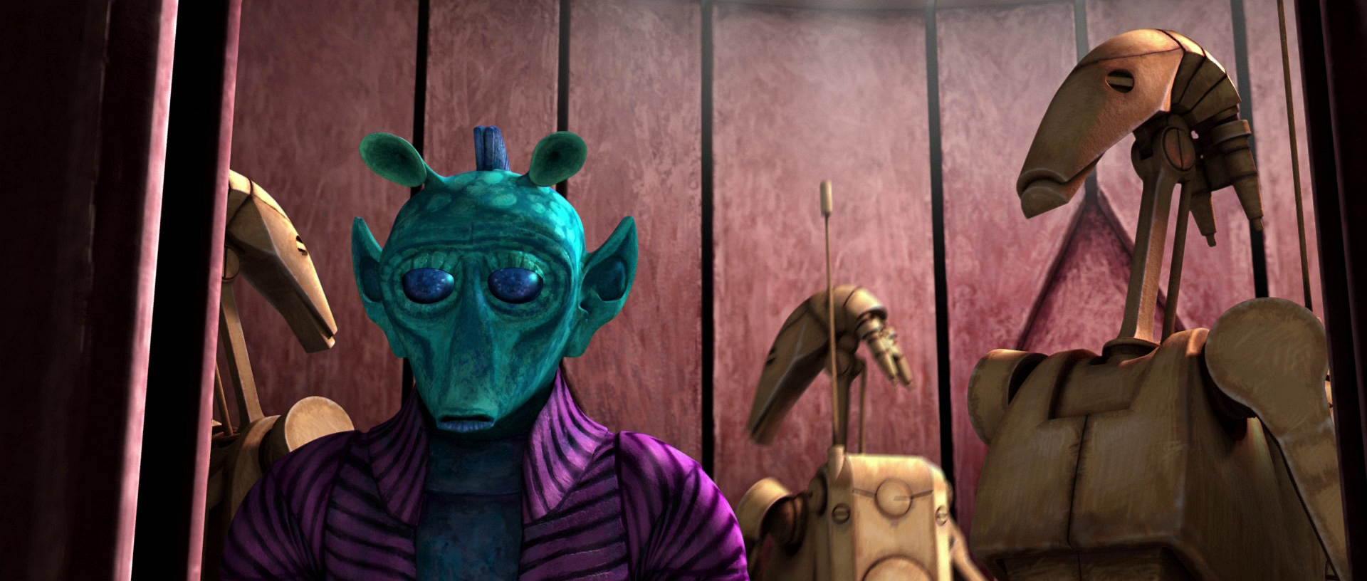 Farr watches sadly as Separatist battle droids put Amidala in prison.