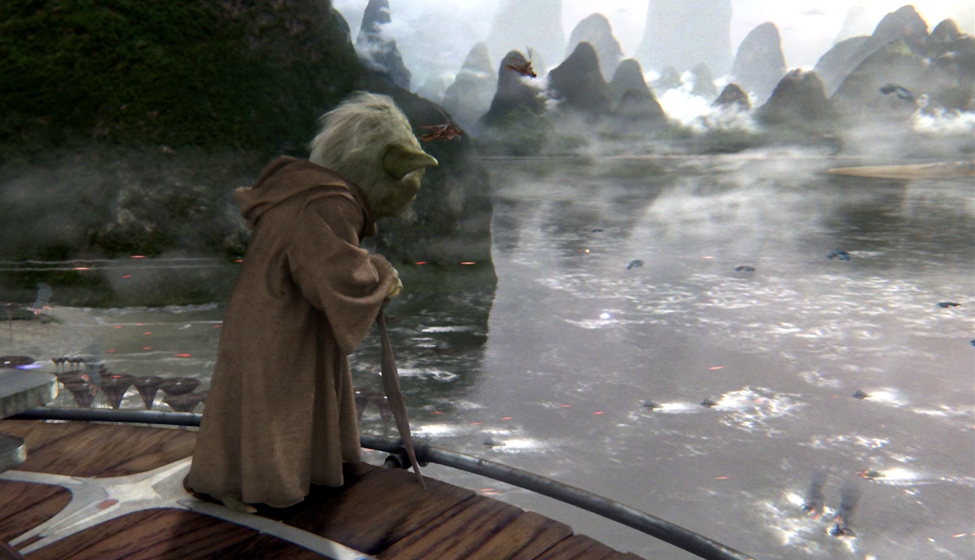 Yoda observing the Battle of Kashyyyk.