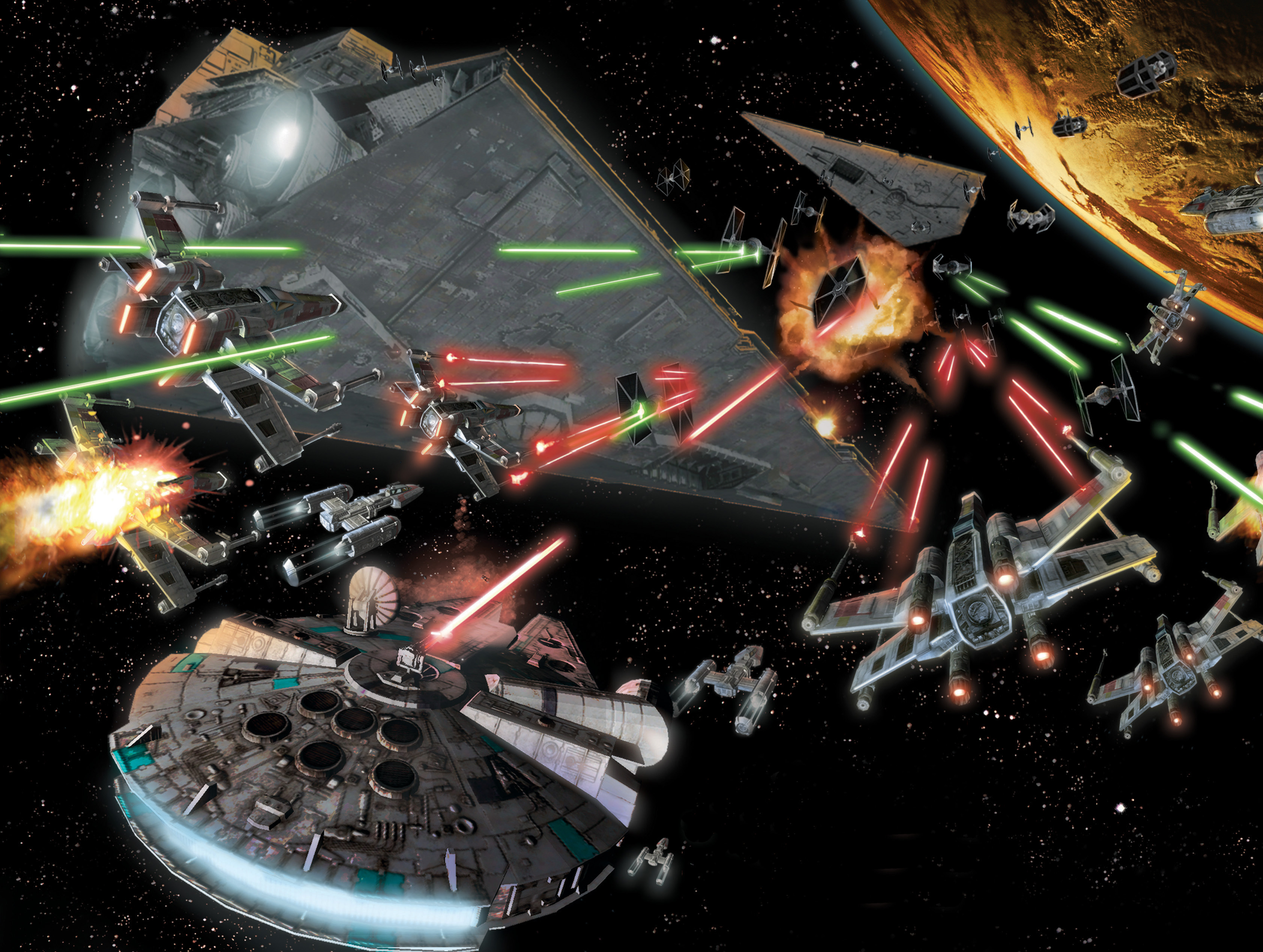 Rebellion starfighters attack Imperial forces including TIE fighters and Imperial-class Star Destroyers.