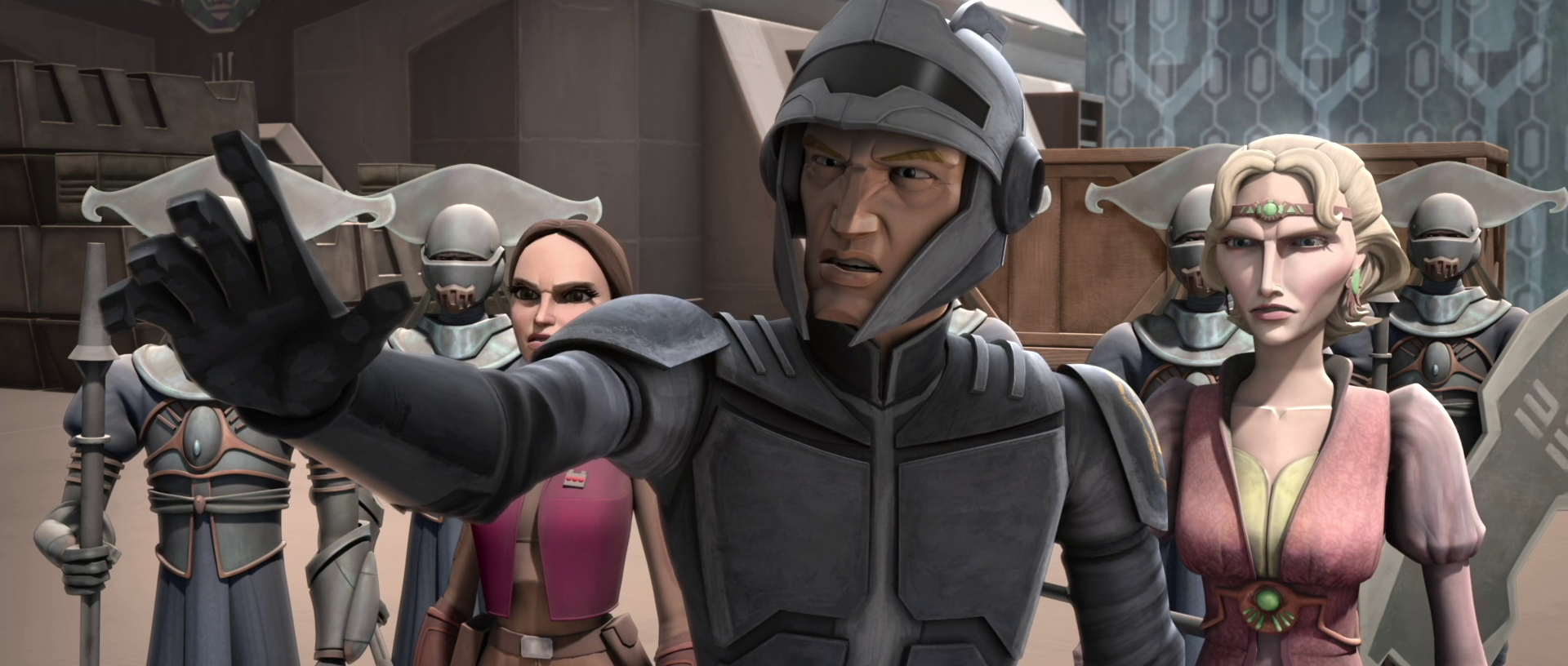 Kryze, Amidala, and Ru-Saxon locate the base of the smuggling ring.