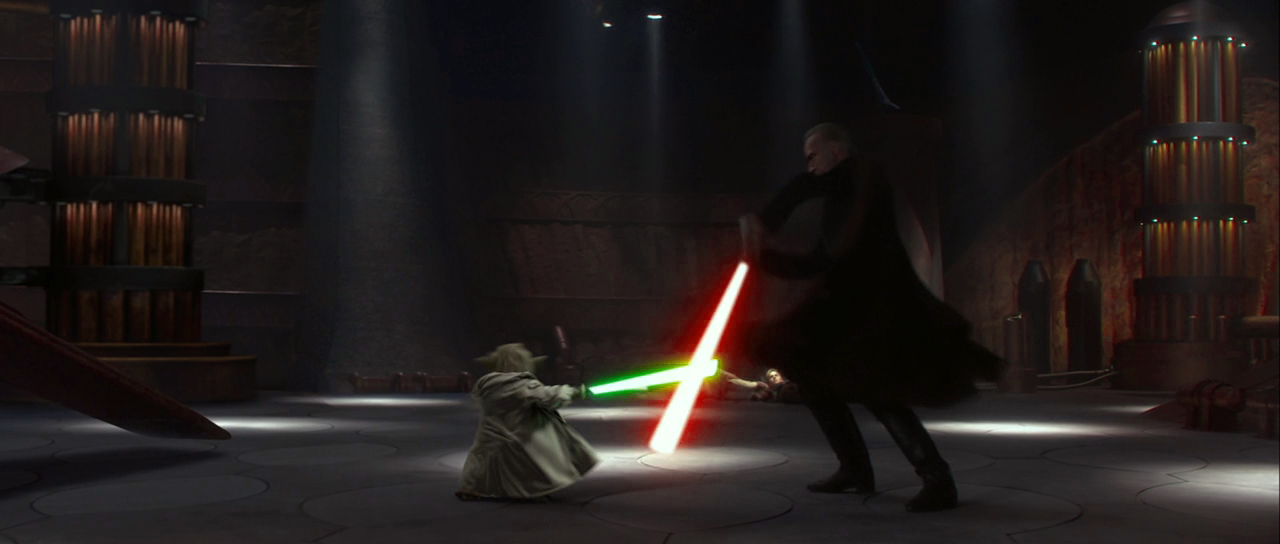 Yoda and Darth Tyranus dueling.