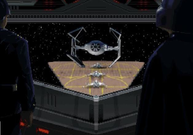 From the bridge of an XQ2 Platform, Admiral Zaarin and Darth Vader watch a demonstration of the new TIE Avenger.