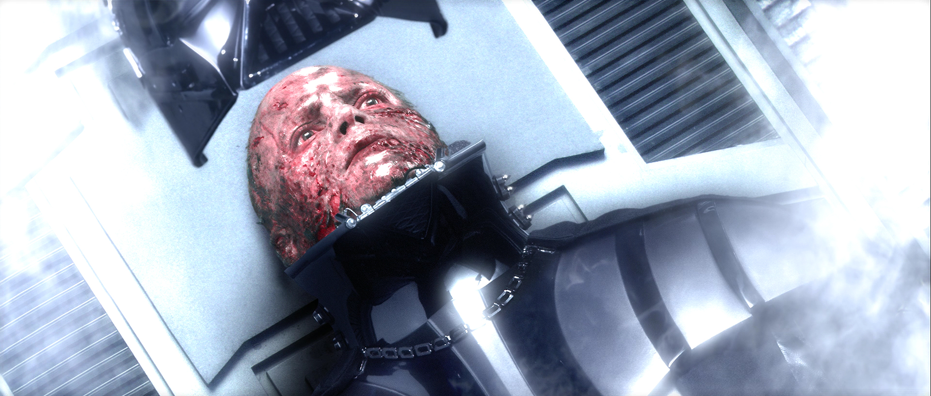 Darth Vader is encased within the shell that will hold him for the rest of his life.