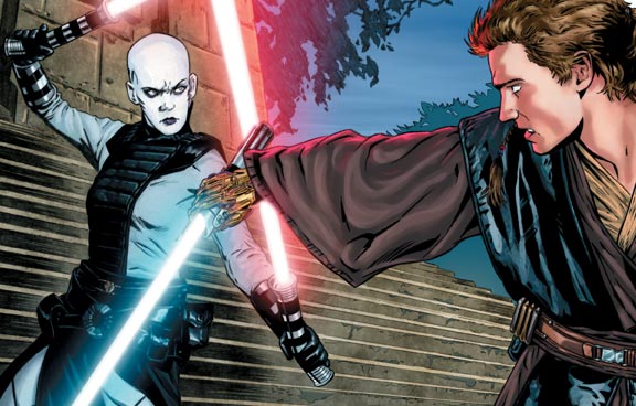 Anakin and Ventress dueling.