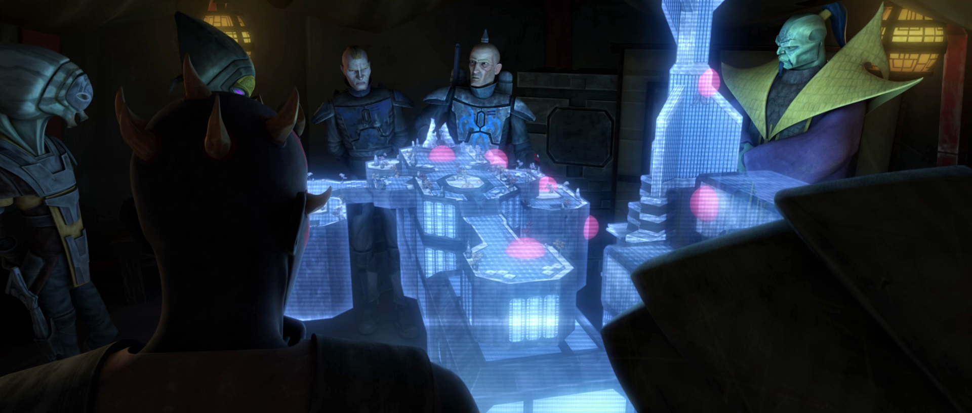 Lom Pyke and the other Shadow Collective members plotting the takeover of Mandalore