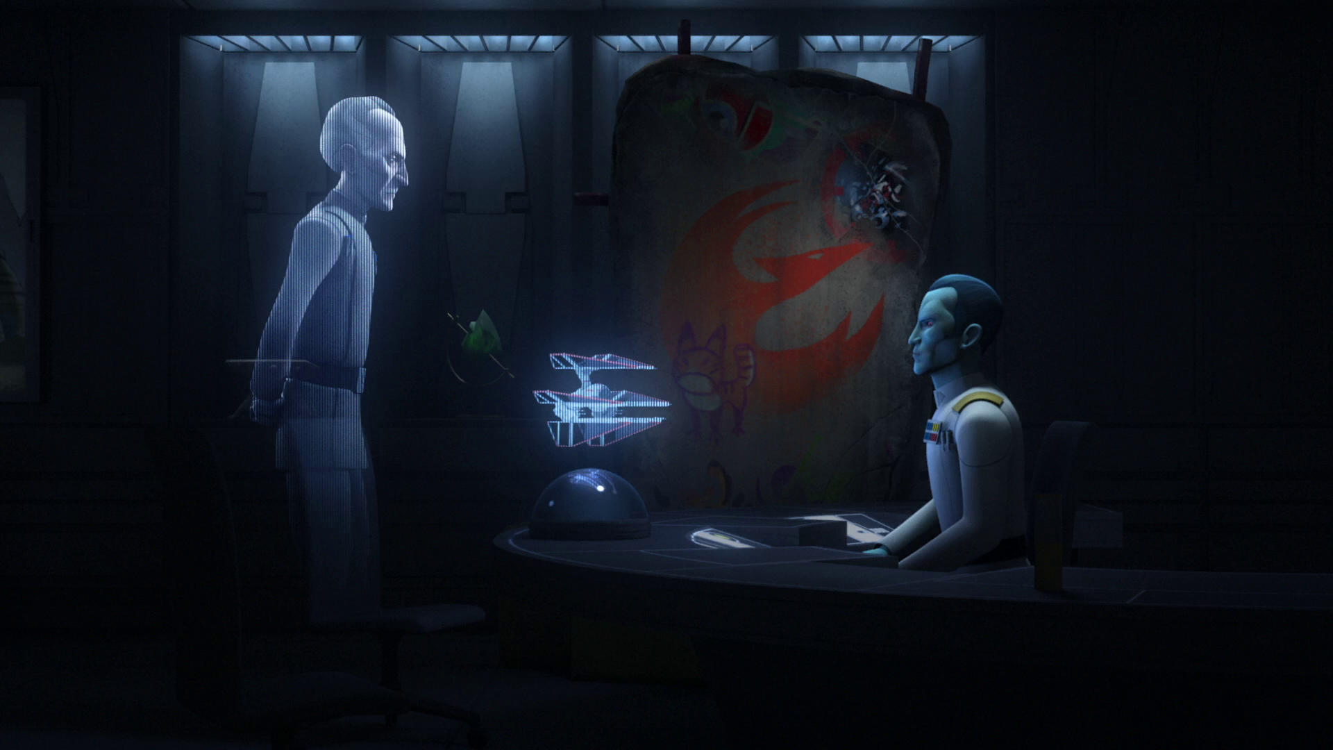 Tarkin informs Thrawn that the TIE Defender project is in jeopardy.