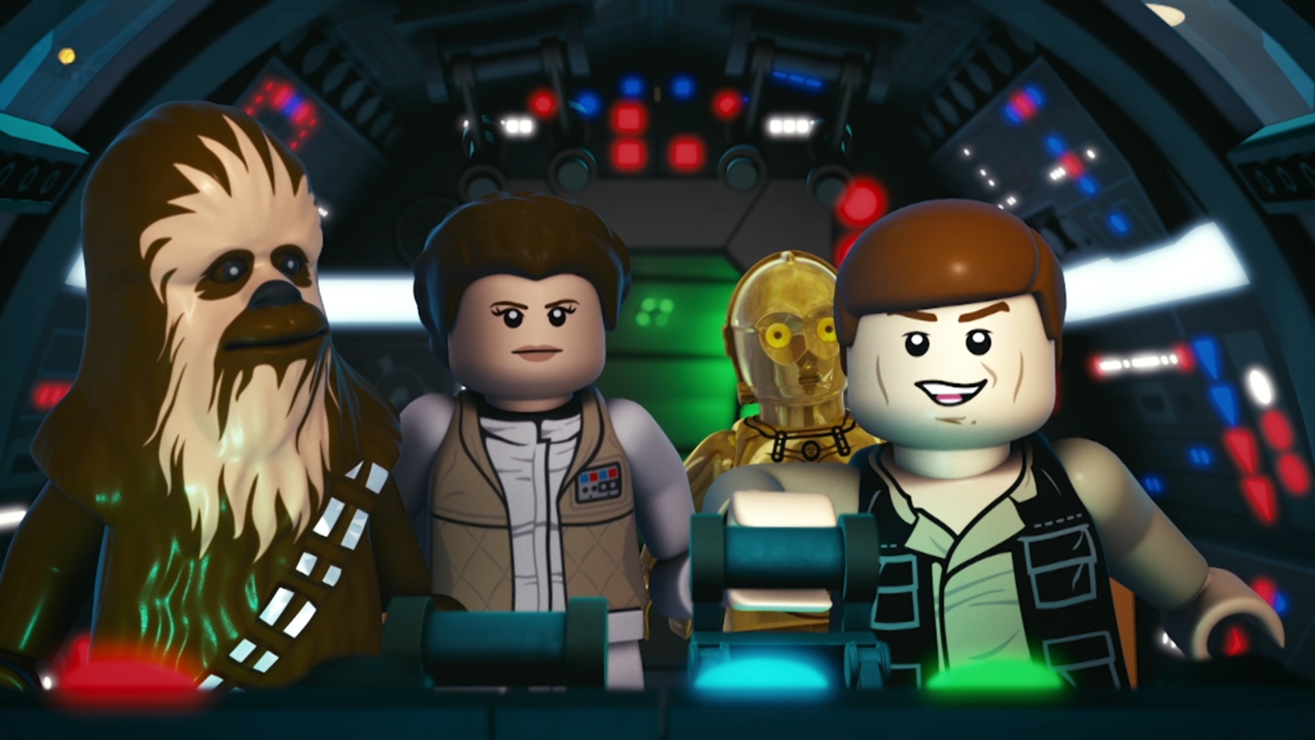 Han, Chewbacca, Leia, and C-3PO in the cockpit of the Falcon