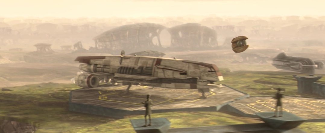 A Gozanti-class cruiser on Zygerria during the Clone Wars