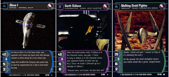 The three unit cards: Space (left), Character (center), and Ground (right). All three of these cards are on the dark side, which is shown by the red lightsaber picture in the upper right (see parts of a card).