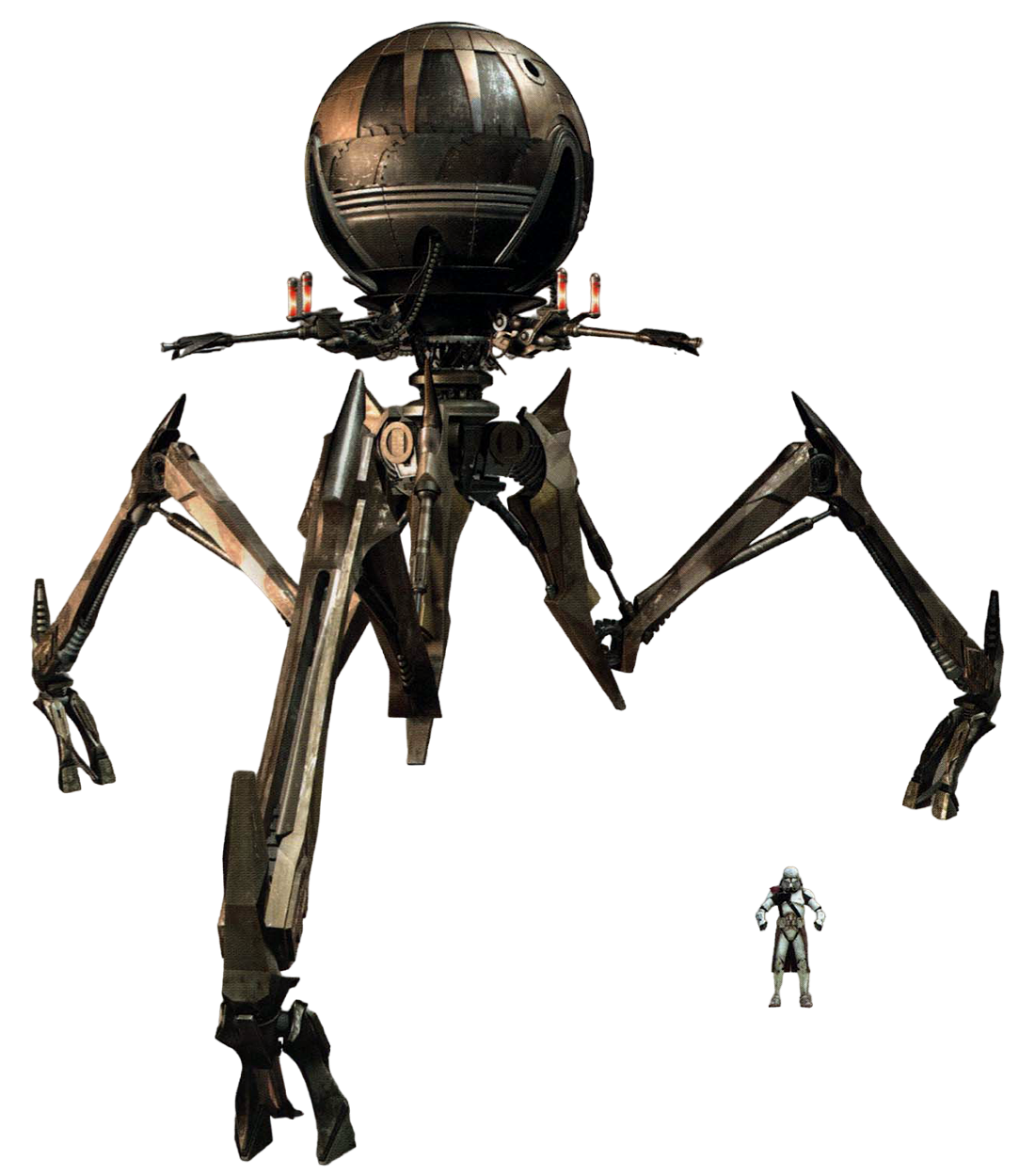 A tri-droid, shown with a clone trooper for scale