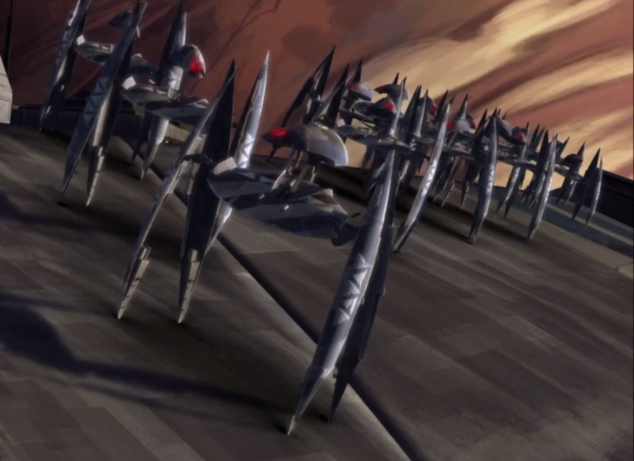 Vulture droids prepare to intercept Blue Squadron at the Battle of Ryloth.