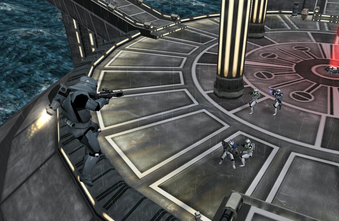 An Imperial dark trooper attacks Kaminoian clone troopers.