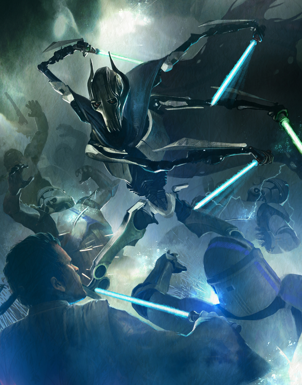 Grievous fights several clone troopers and Jedi.