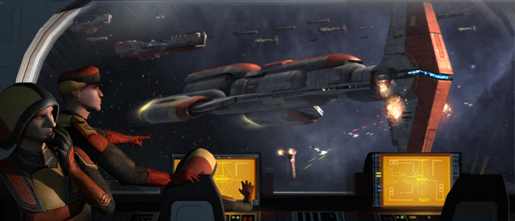 The Republic fleet engaging the Sith armada during the battle.