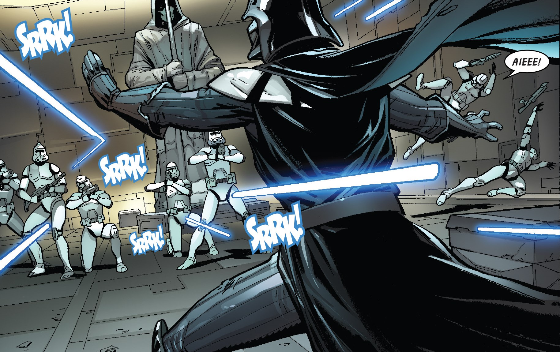 The clones "Kicker" and "Ding" were killed by Darth Vader during his attack on the Brighthome.