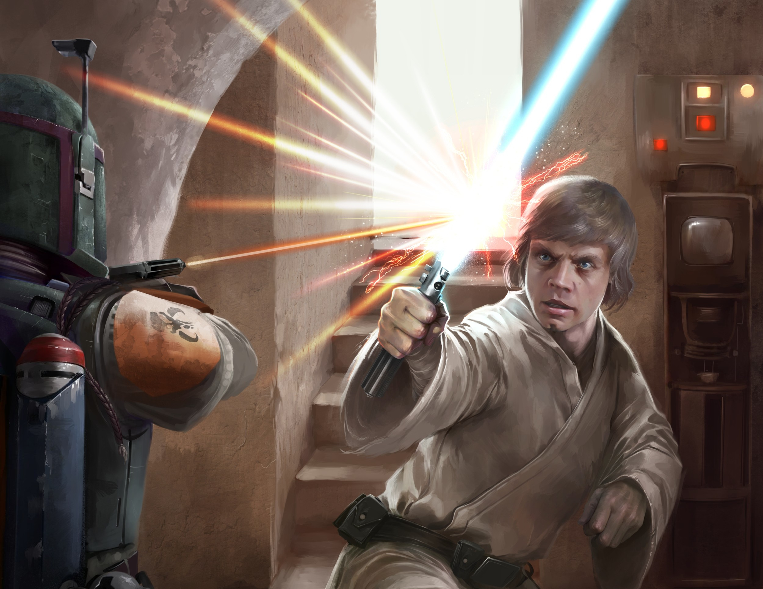 Skywalker duels Boba Fett after being ambushed in Obi-Wan Kenobi's former home on Tatooine.