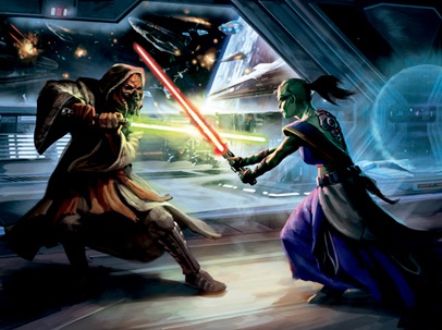 Darth Karrid duels her former master Gnost-Dural