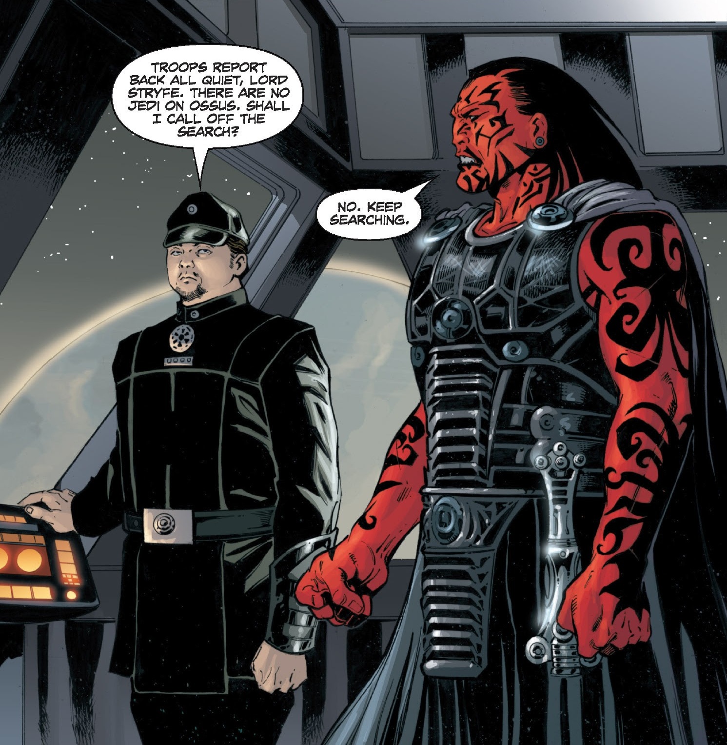 Darth Stryfe alongside Captain Meeshal on a Pellaeon-class Star Destroyer above Ossus.