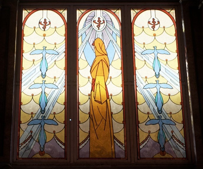 One of the stain glass windows, depicting Amidala's handmaidens, wearing their flame-colored robes.