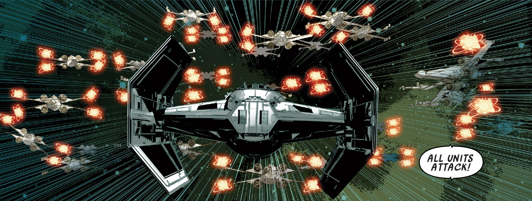 Yellow Squadron attacks Darth Vader's TIE Advanced.