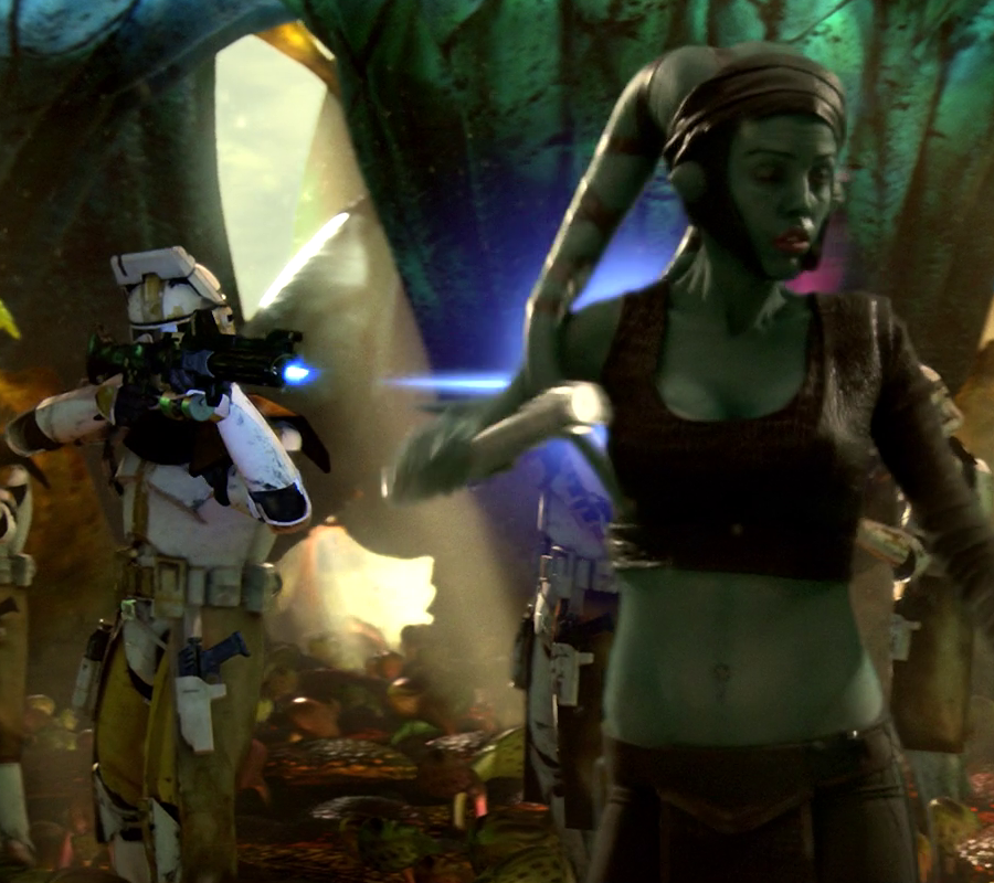 Aayla Secura being gunned down by her troops during the execution of Order 66 on Felucia.