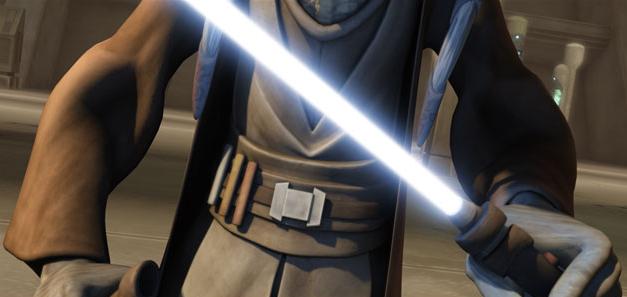 Sinube's lightsaber produced a unique bluish-white blade.